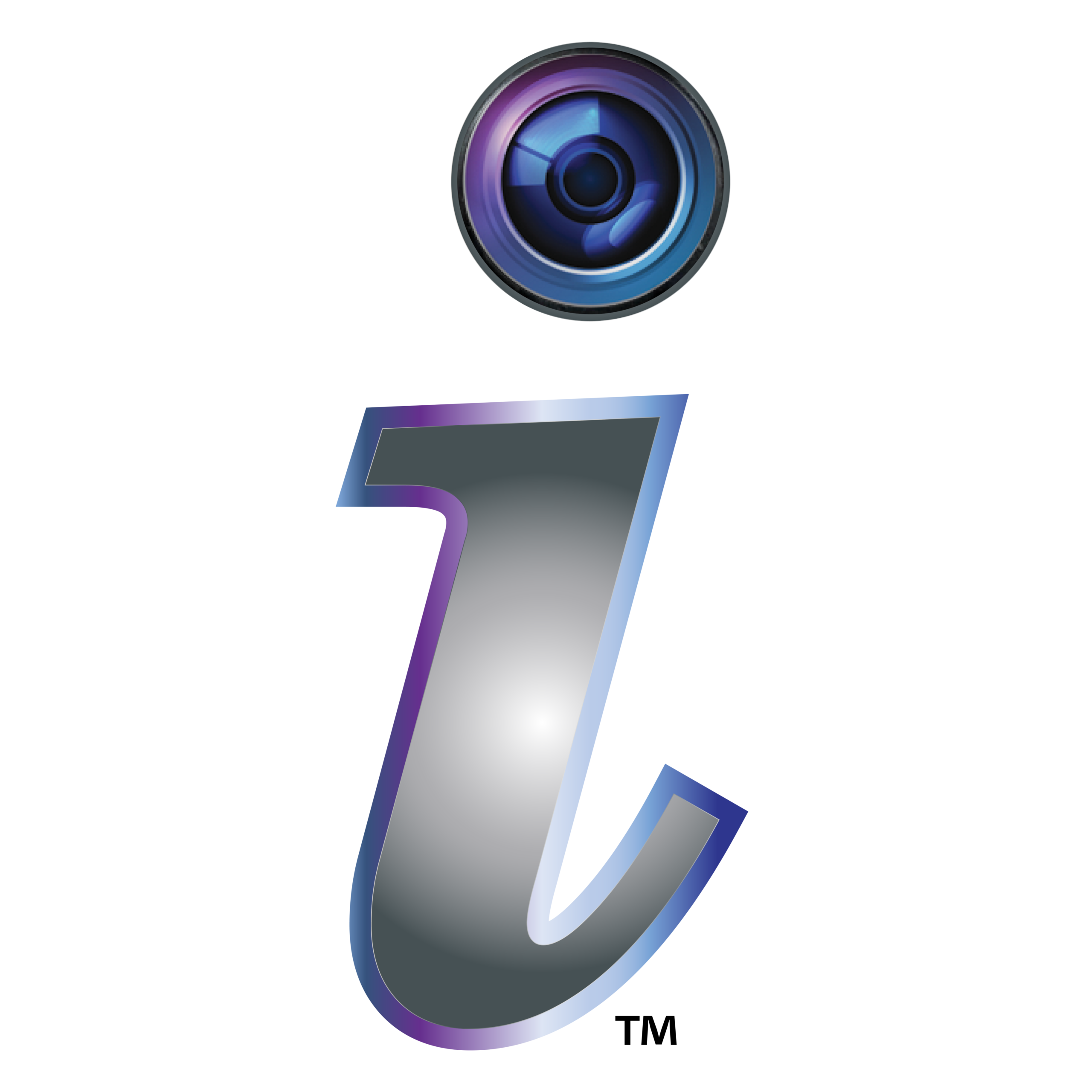The i logo with a trademark symbol. The dot of the letter i looks like a camera lens.