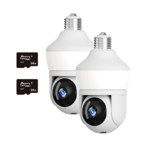 Product photo of 2 i Sight Bulb PROs and 2 microSD cards on a white background.