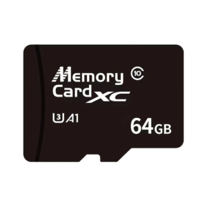 Product photo of the 64GB microSD card up close on a white background.